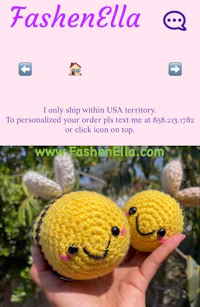 two crocheted bees with the text fashellela